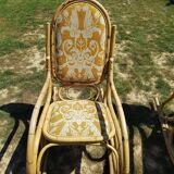 Set of 2 bamboo rocking chairs, yellow fabric with arabesques