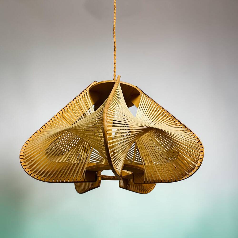 Wood and straw Japandi style hanging lamp