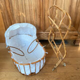 Bamboo, rattan, wicker cradle bassinet from the 1960s with a foldable support.