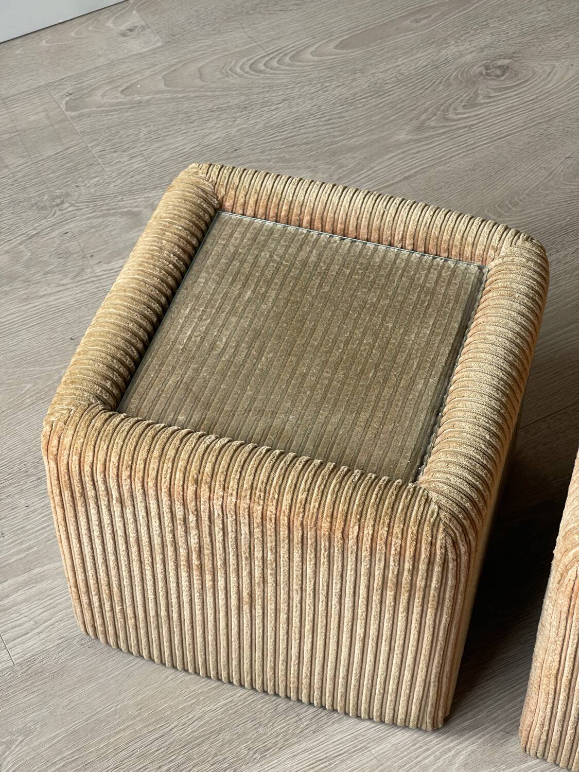 Pair of bedside tables, beige corduroy & glass