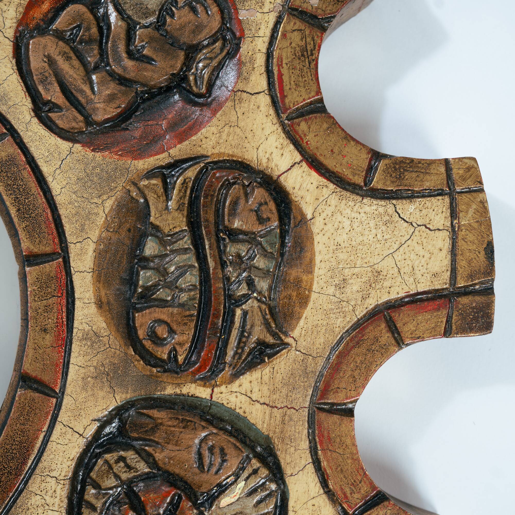 Spanish Zodiac Sunburst Mirror with Sculpted Red Giltwood Frame, Arnolfini, 1950s
