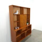 Deens hoge teak vakkenkast met bar vintage wandkast