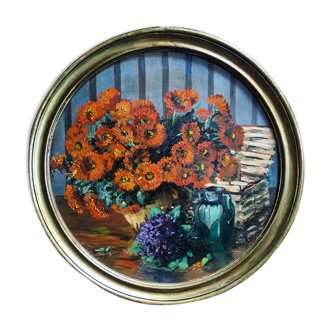 Still life with flowers. Oil on panel. Bouquet of marigolds and violets. Original golden frame. Signed. Late 19th century. Flowers