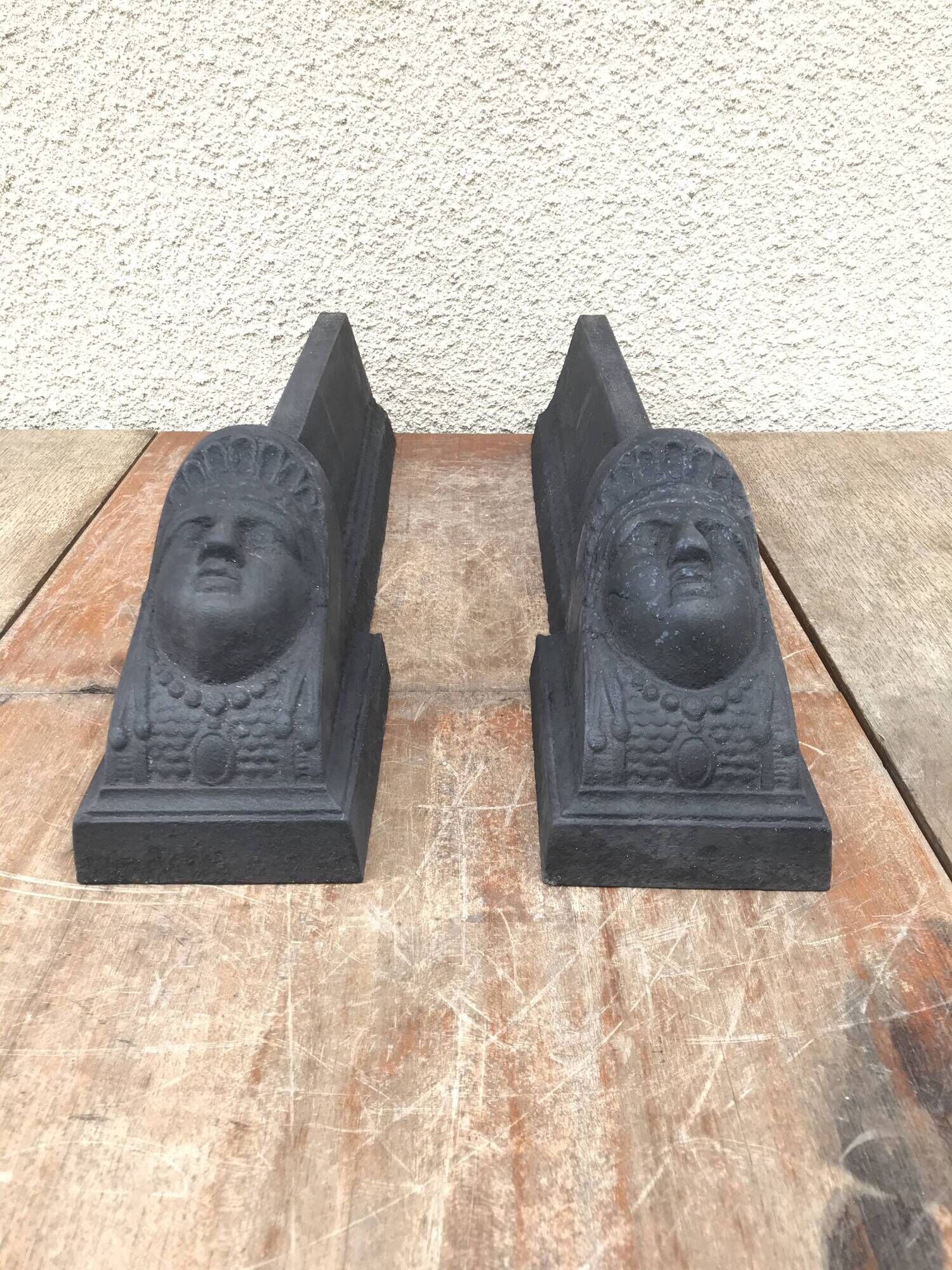 Former pair de chenet head woman black metal great vintage chimney