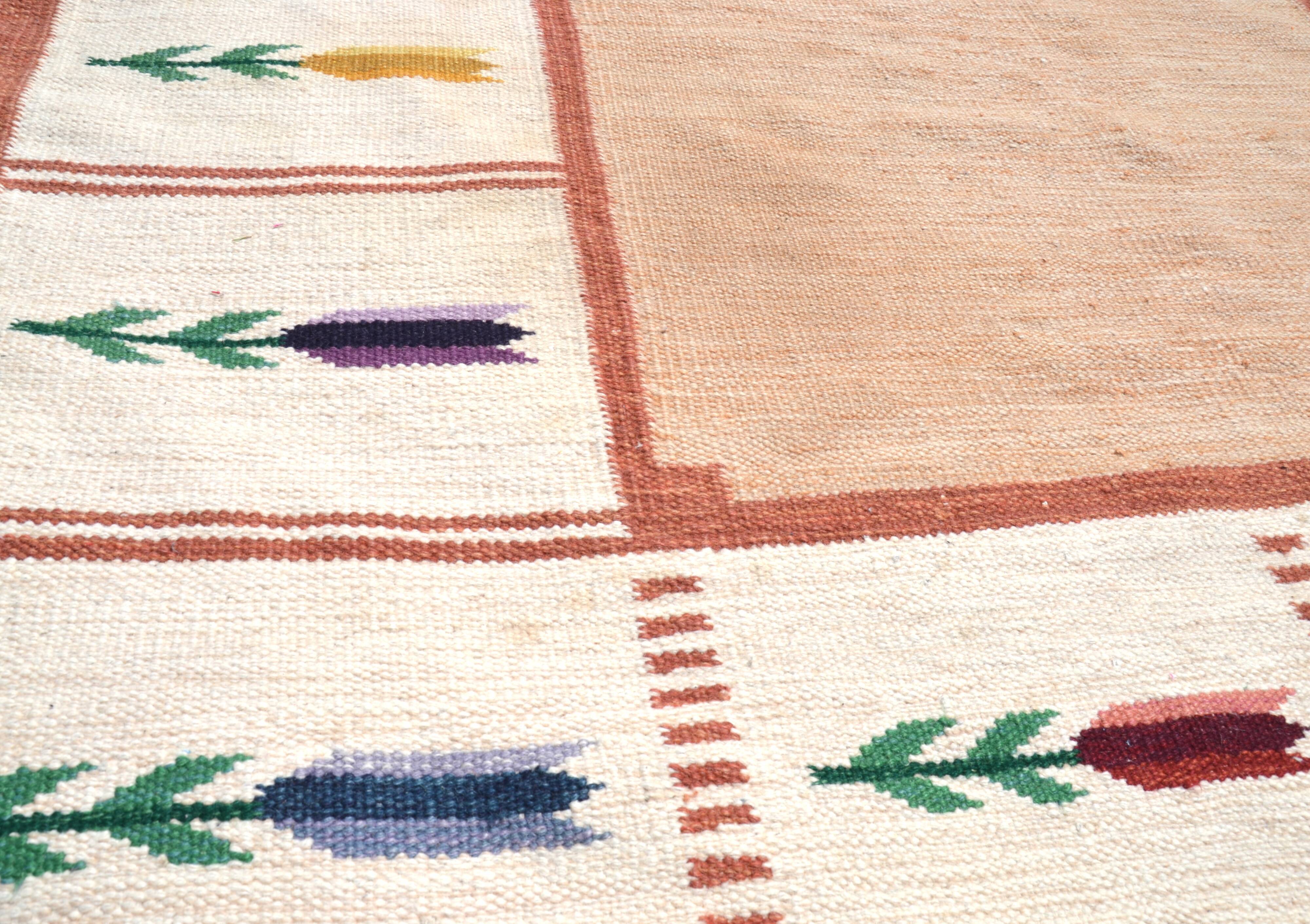 Vintage swedish flat weave Röllakan floral rug 1960s handmade, wool