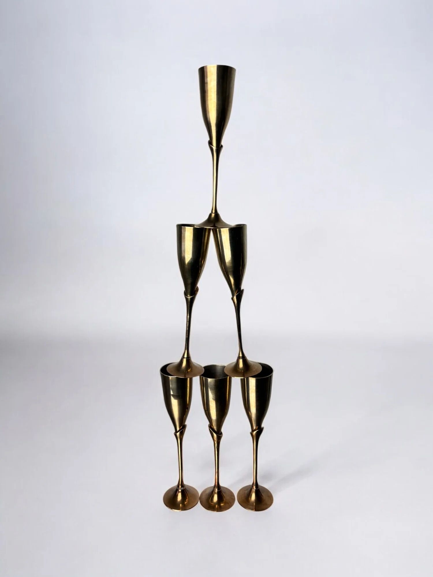 Brutalist champagne glasses in brass, set of 6, Spain, 1970s