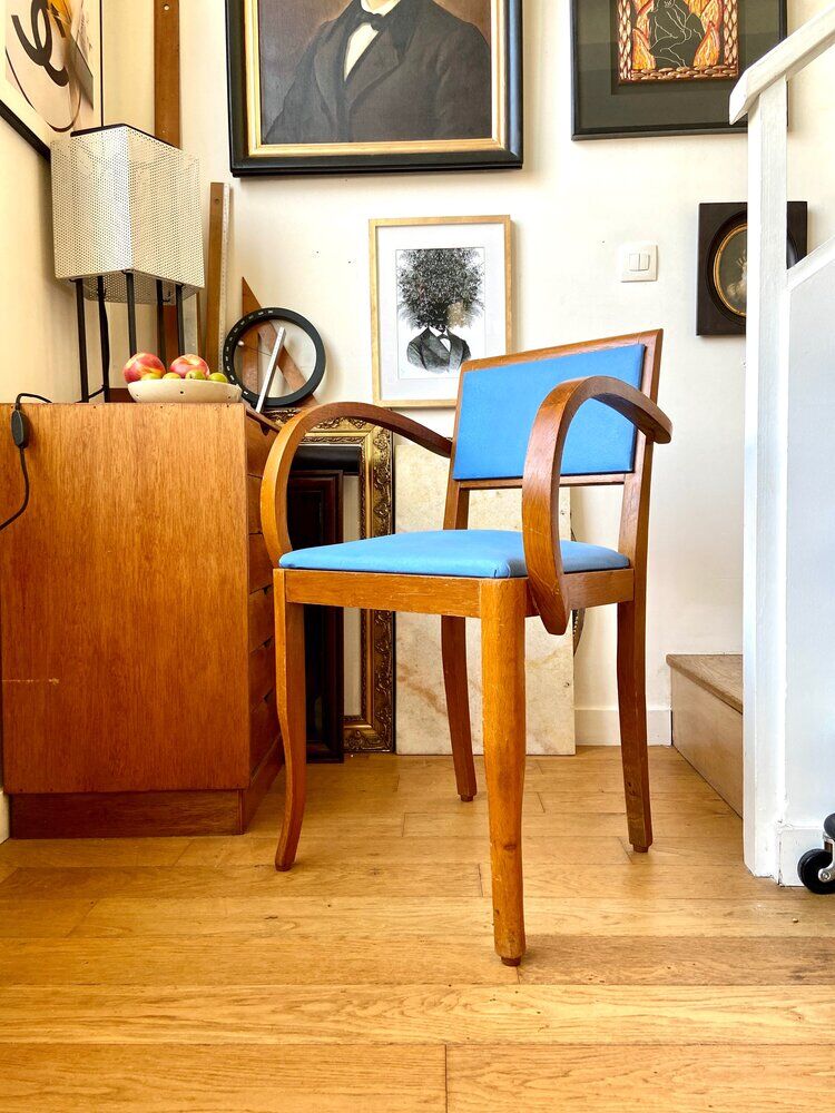 Bridge armchair in wood and blue skaï