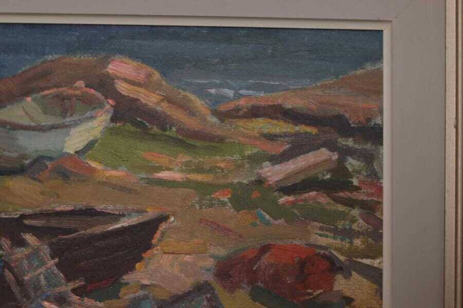 Original mid-century Swedish oil on panel – “Coast” by E. Kruger – vintage & framed – 49 × 33 cm