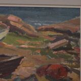 Original mid-century Swedish oil on panel – “Coast” by E. Kruger – vintage & framed – 49 × 33 cm