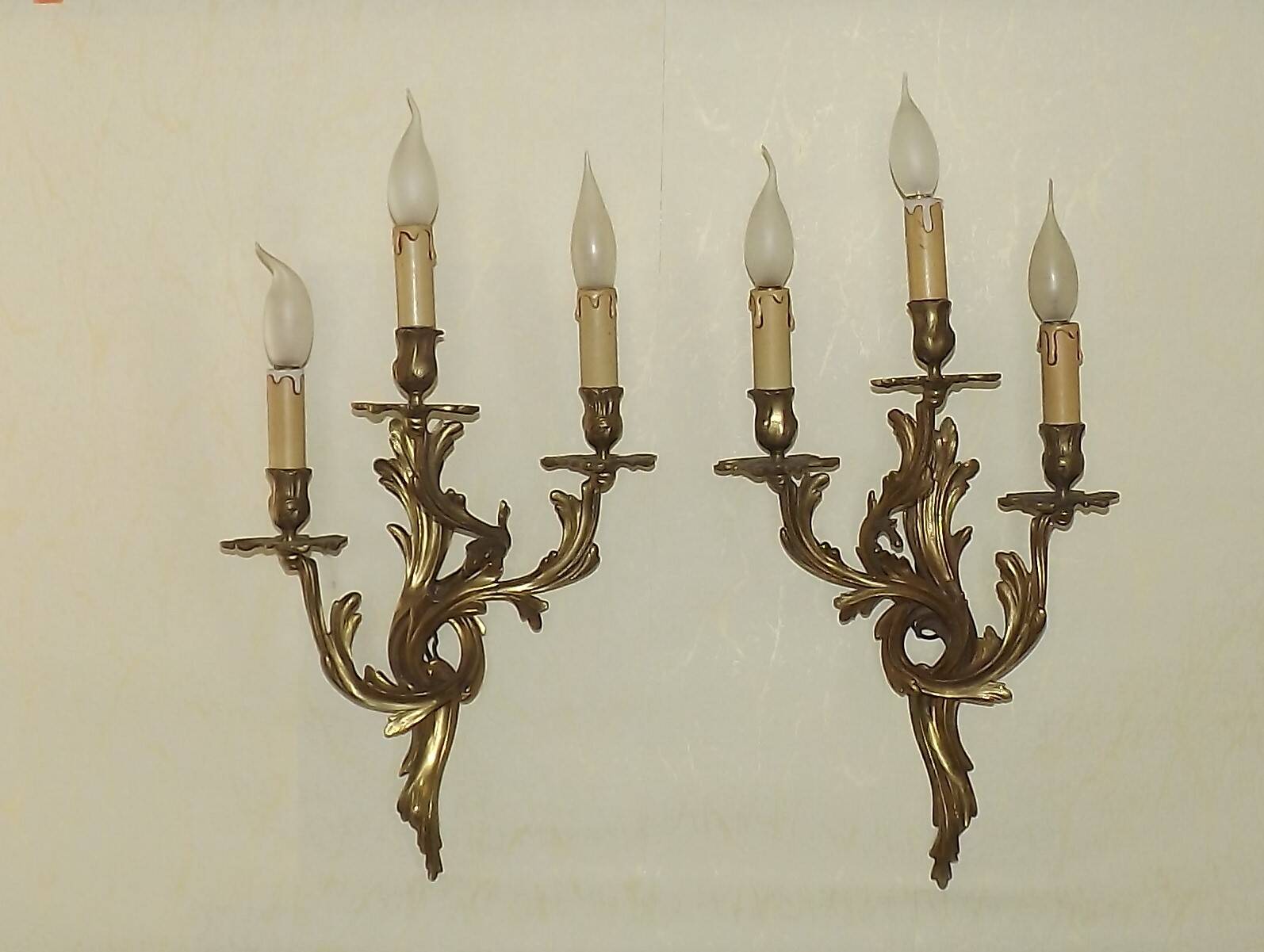 Very large pair of early 1900s 3-light acanthus leaf wall sconces 5209