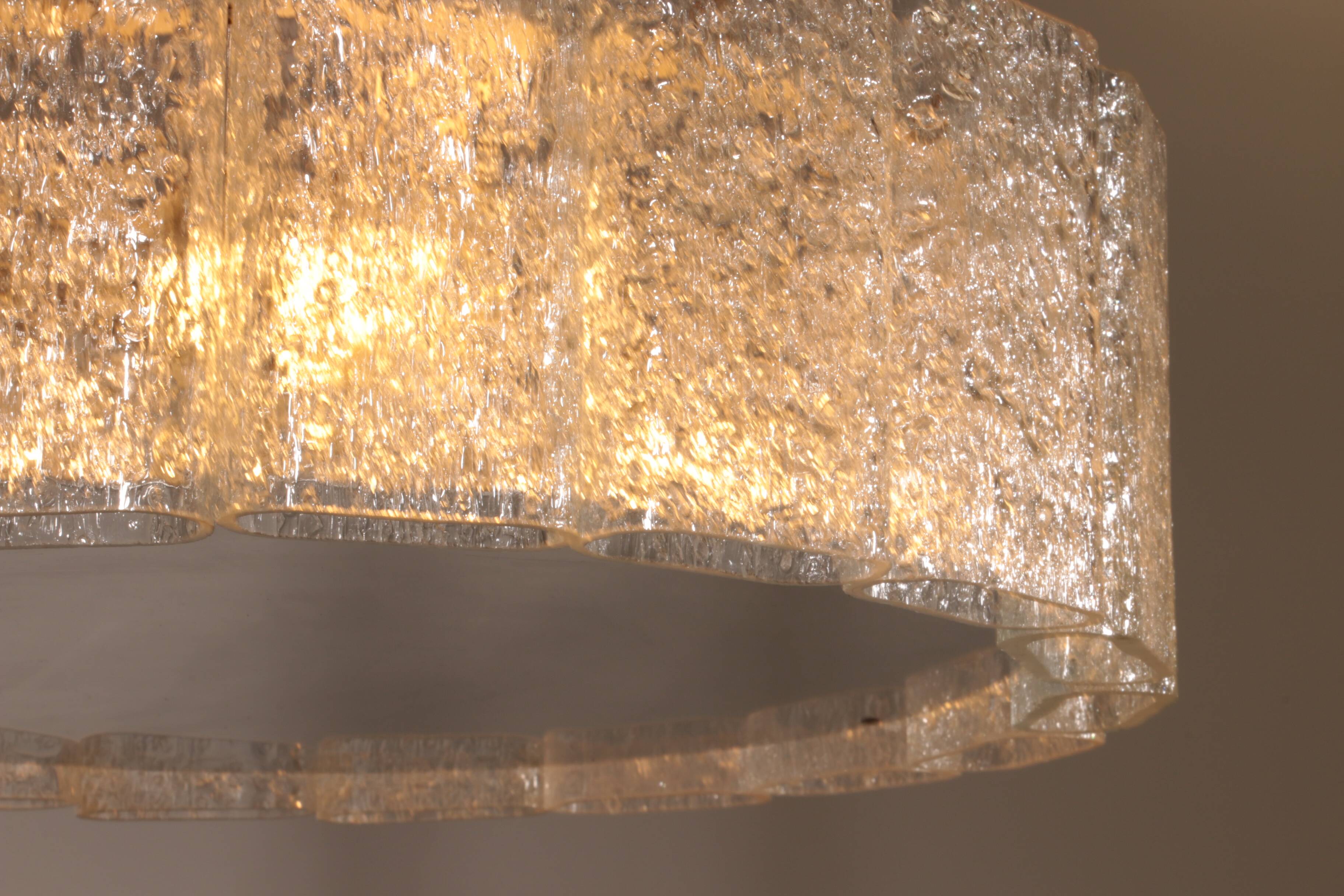 "Doria Leuchten Ice Glass Hanging Lamp with Relief Glass Cylinders, 1960s"