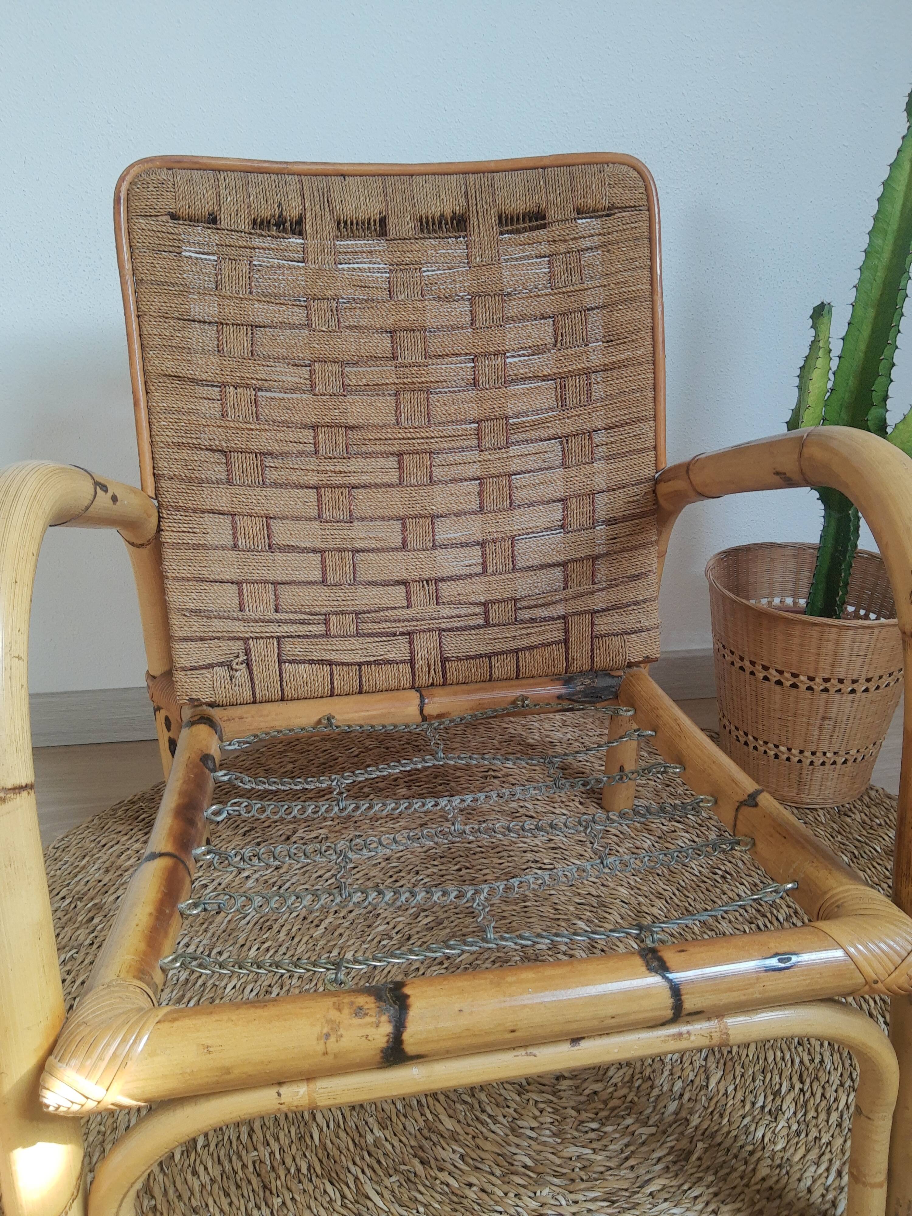 Vintage rattan and braided rope armchair