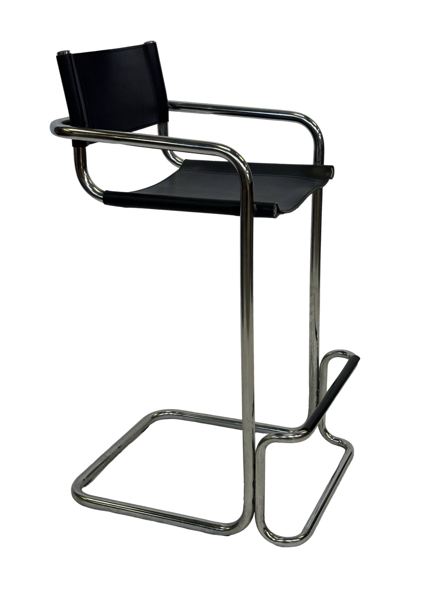 Tabouret de bar vintage en cuir noir et chrome, Italie