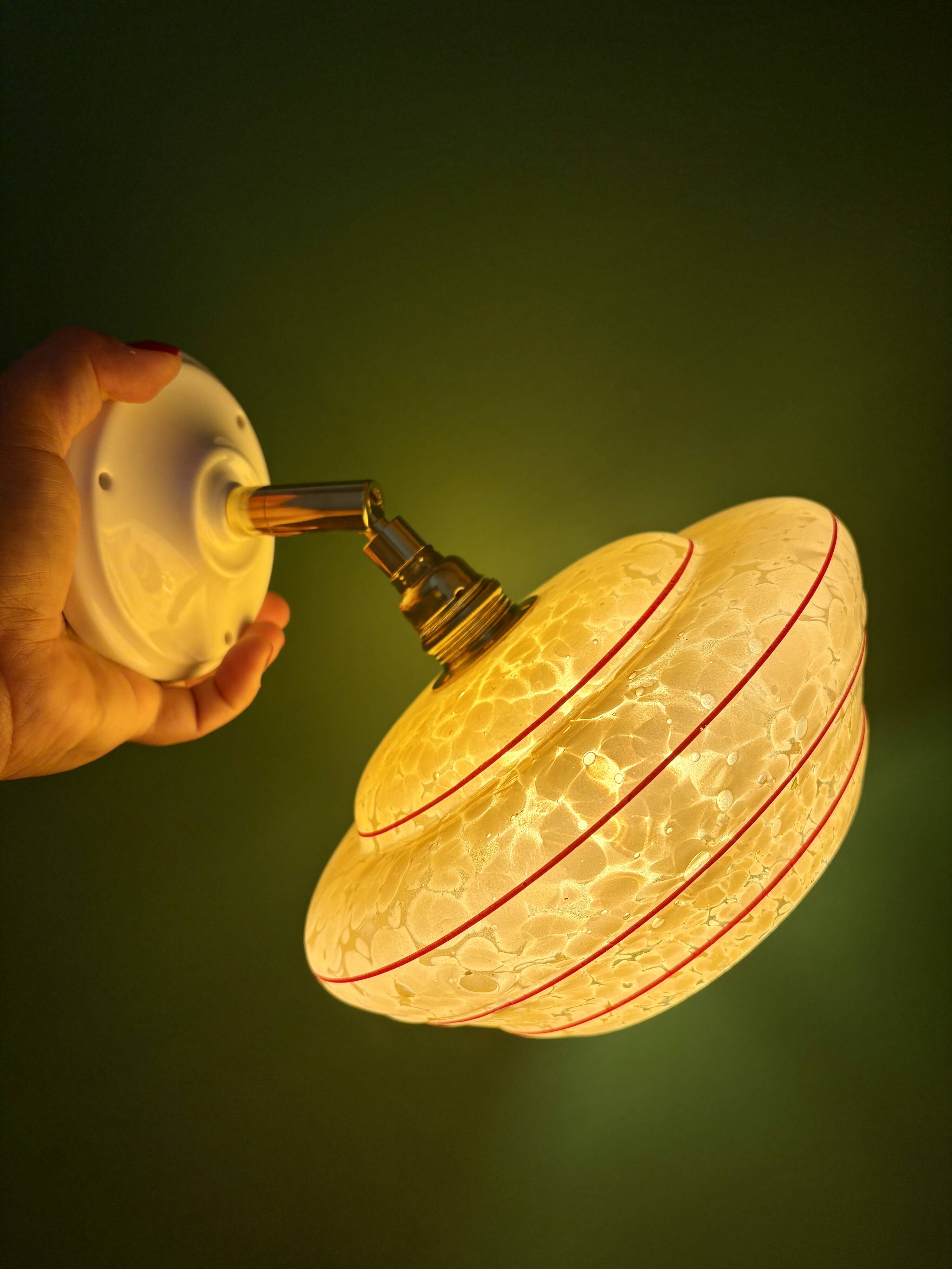 Vintage wall lamp with yellow clichy glass shade and red trim
