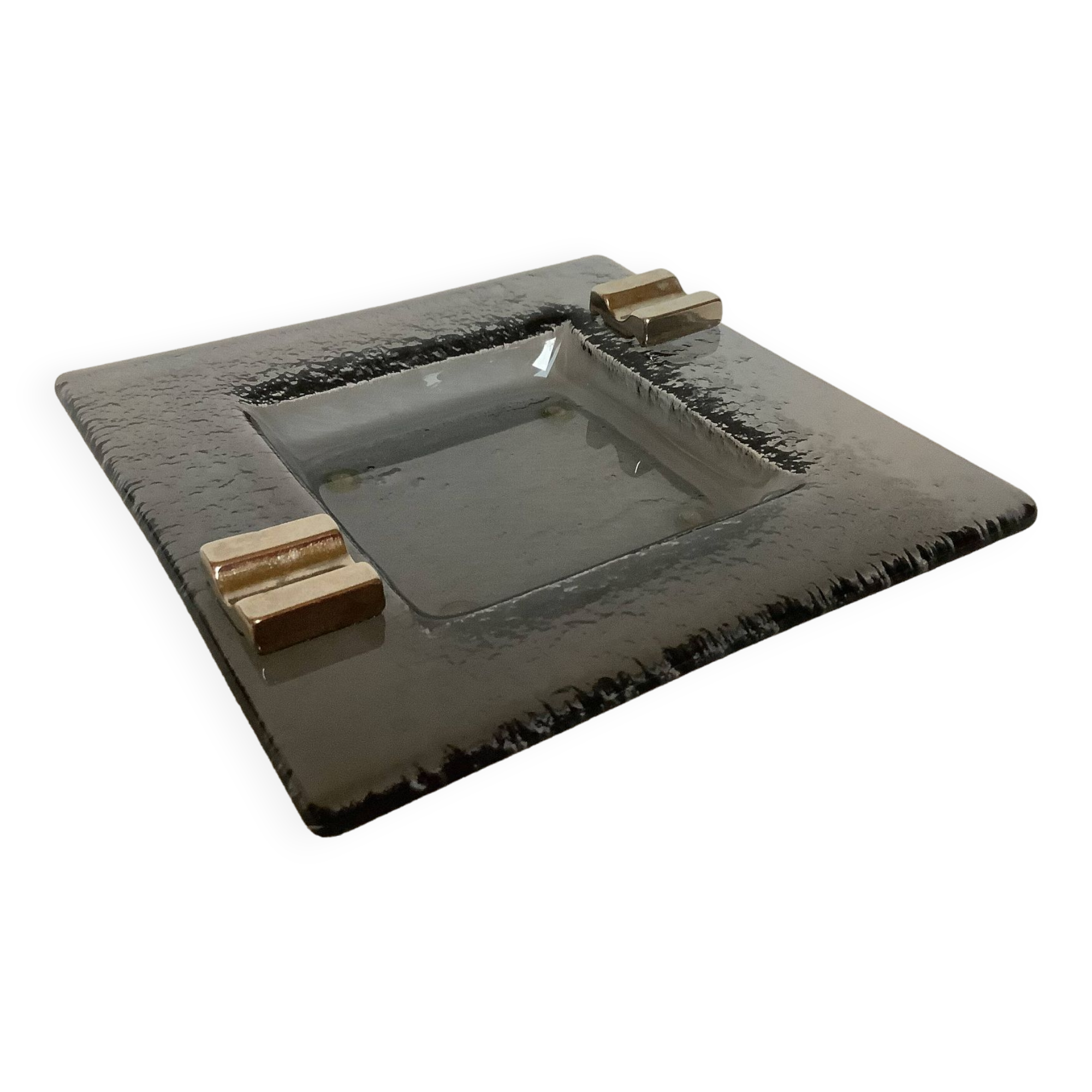 Square ashtray in glass and metal