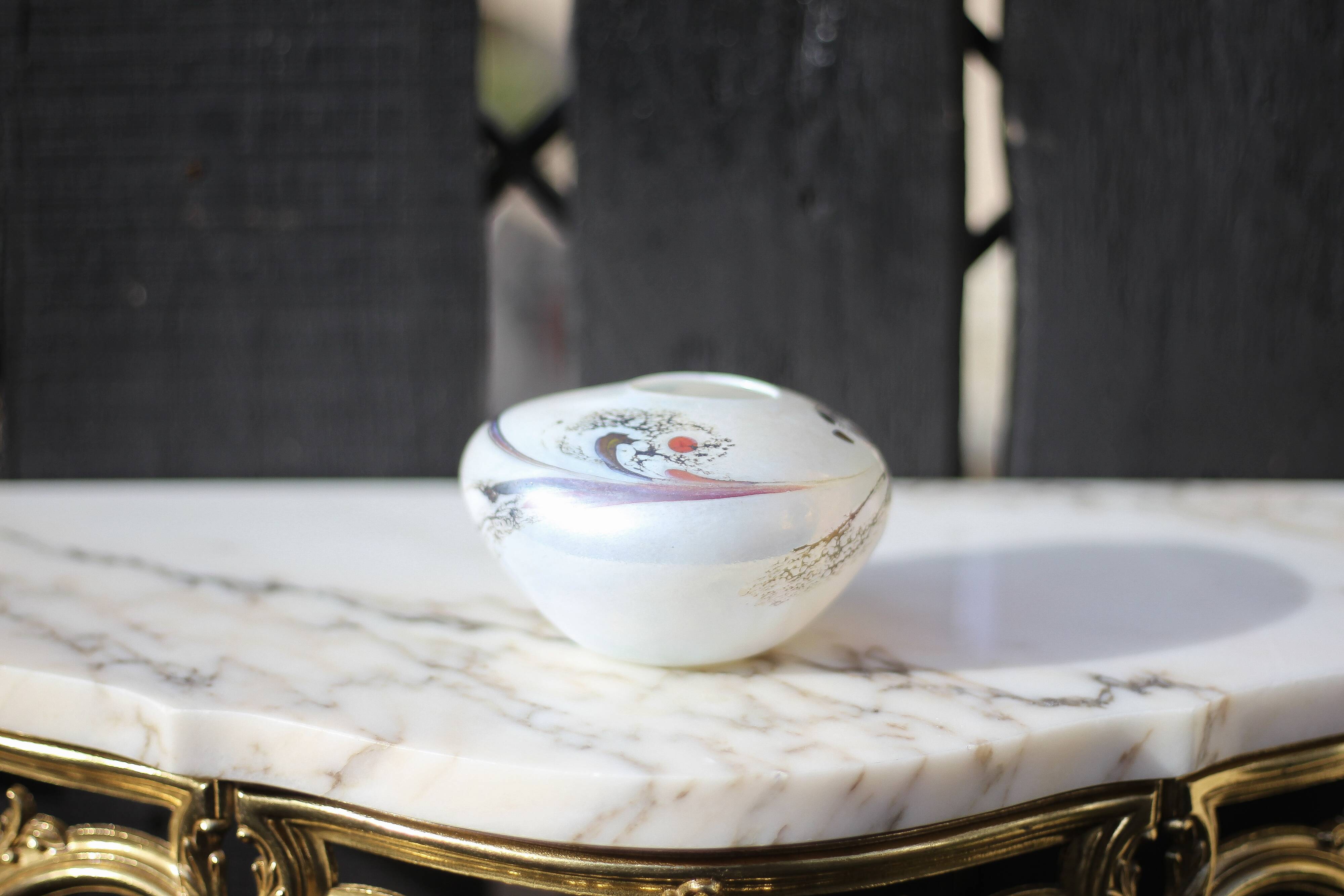 Vintage vase, small iridescent glass vase with patterns, blown glass, collection, interior decoration