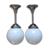 Pair of chrome metal suspension ceilings and opalin glass