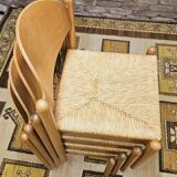 4 chaises en paille dans le style Charlotte Perriand 1970 vintage