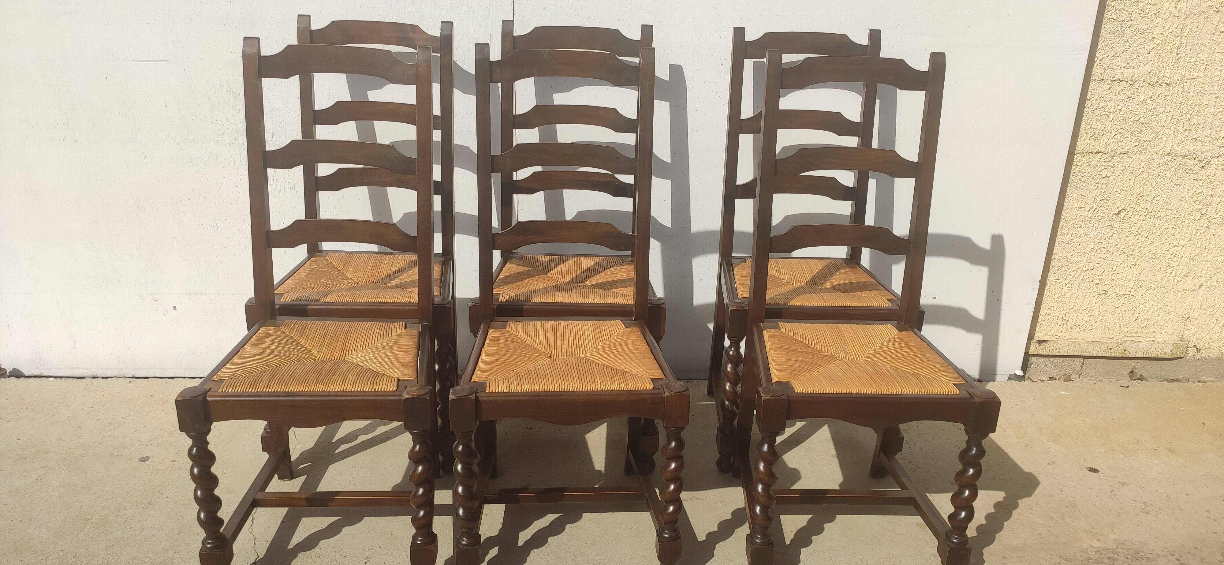 6 wooden and straw chairs, Louis XIII style