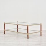 1970s gold chrome and leather coffee table + end table