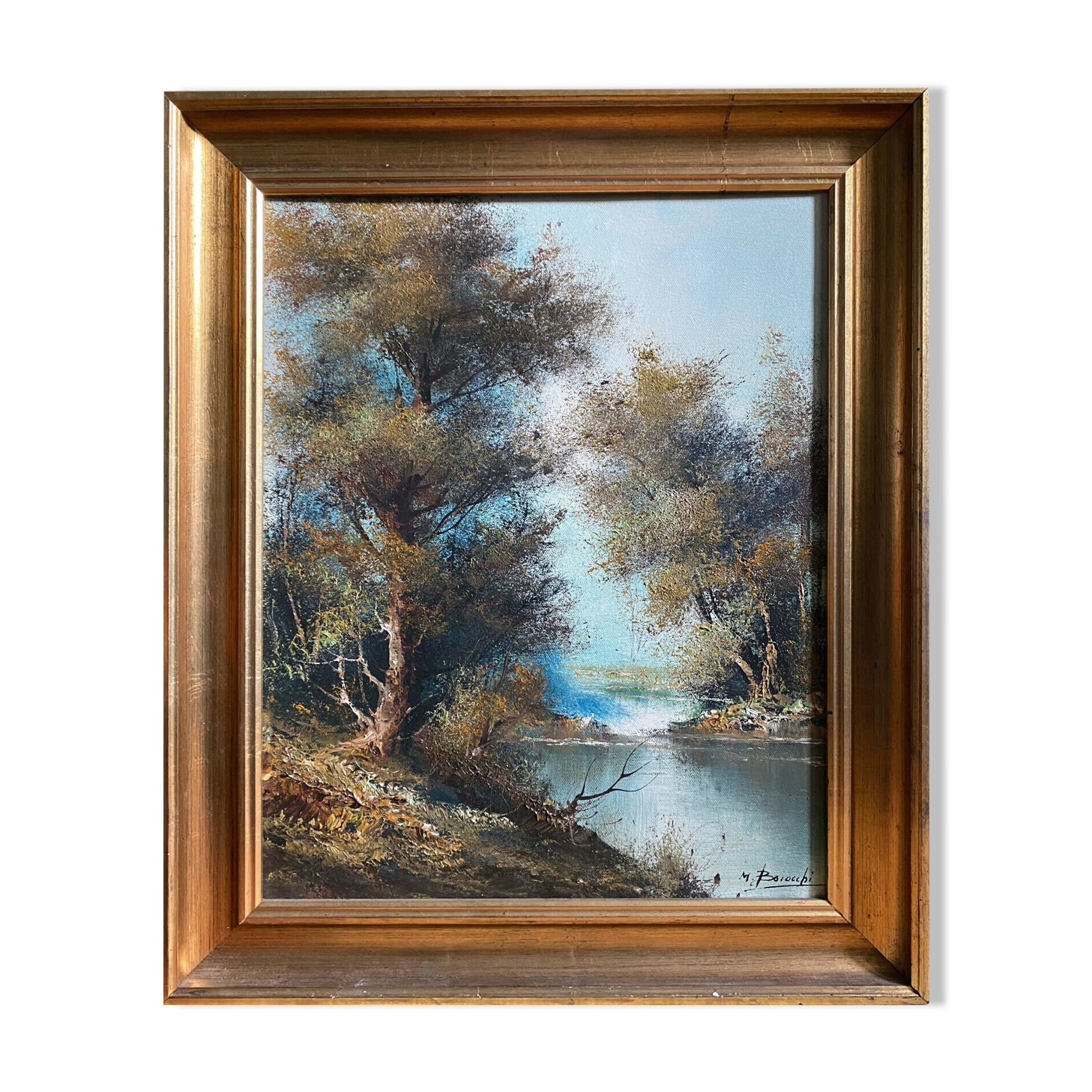 Table HST "Landscape at the river" signed ec. Italian with frame