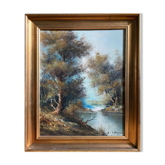 Table HST "Landscape at the river" signed ec. Italian with frame