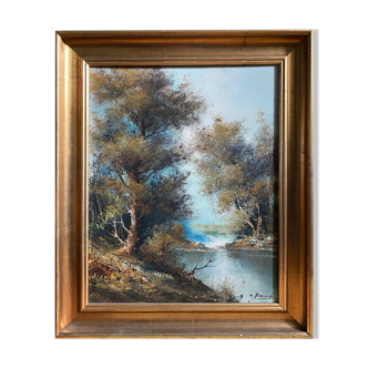 Tableau HST "Paysage à la rivière" signé école Italienne avec cadre