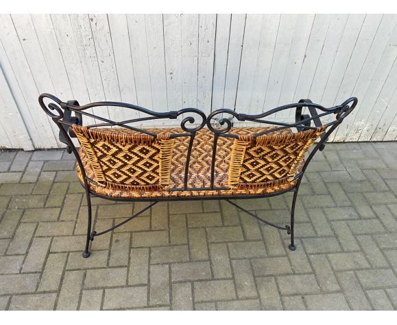 Set of vintage garden furniture sofa wrought iron and wicker, chairs & coffee table vintage 1980