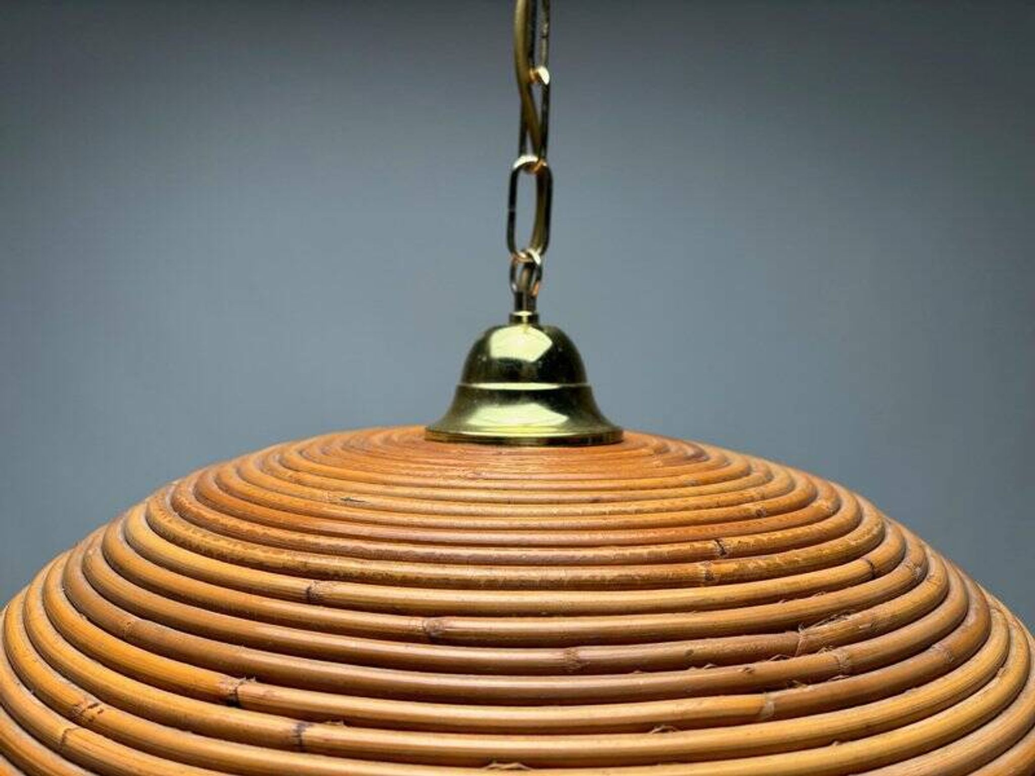 Italian Gilt Brass Rattan Bamboo Wicker Pendant, 1970s