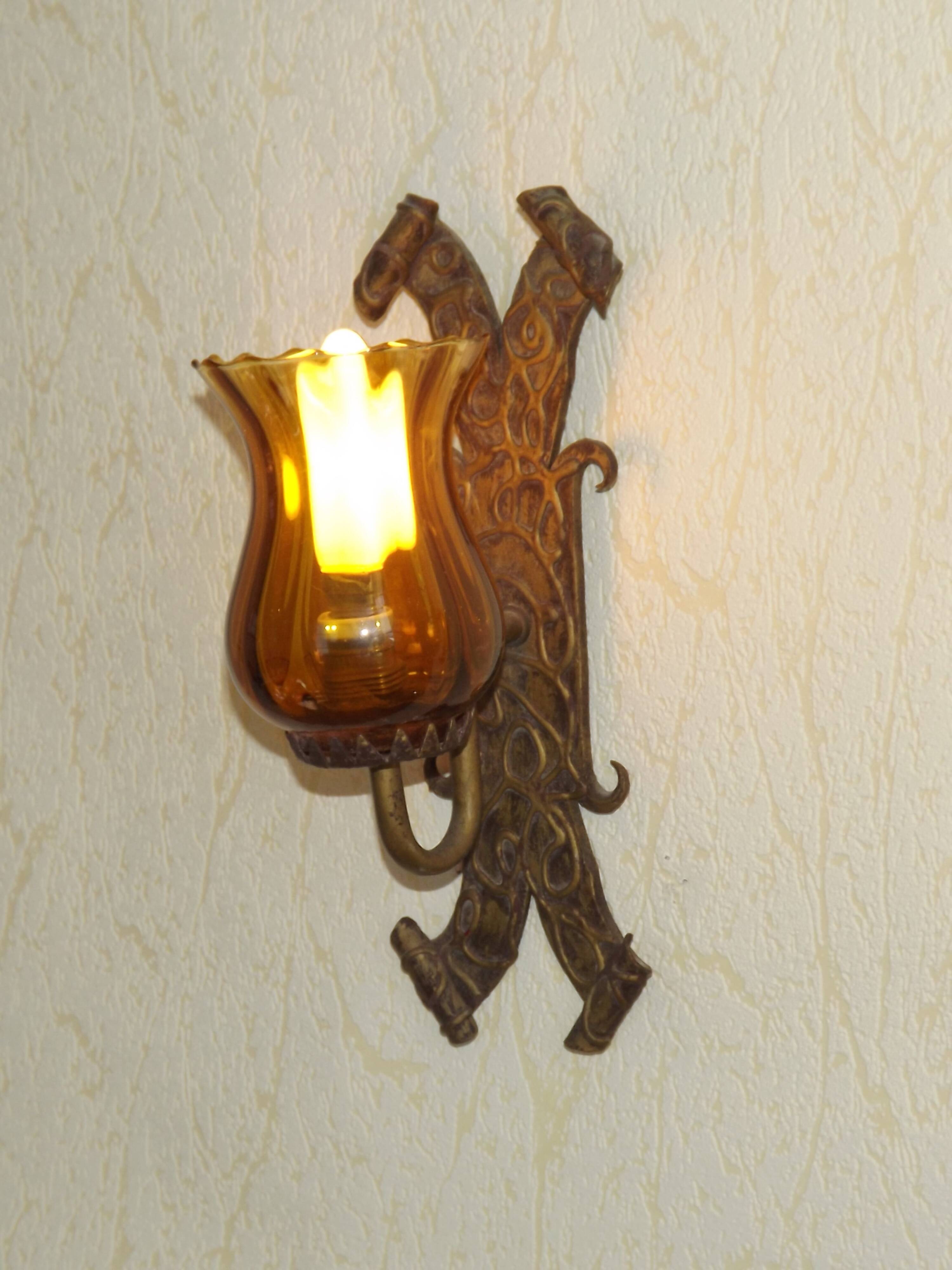 Pair of Hand Forged Wrought Iron Medieval Style Wall Lights with Amber Shades 42