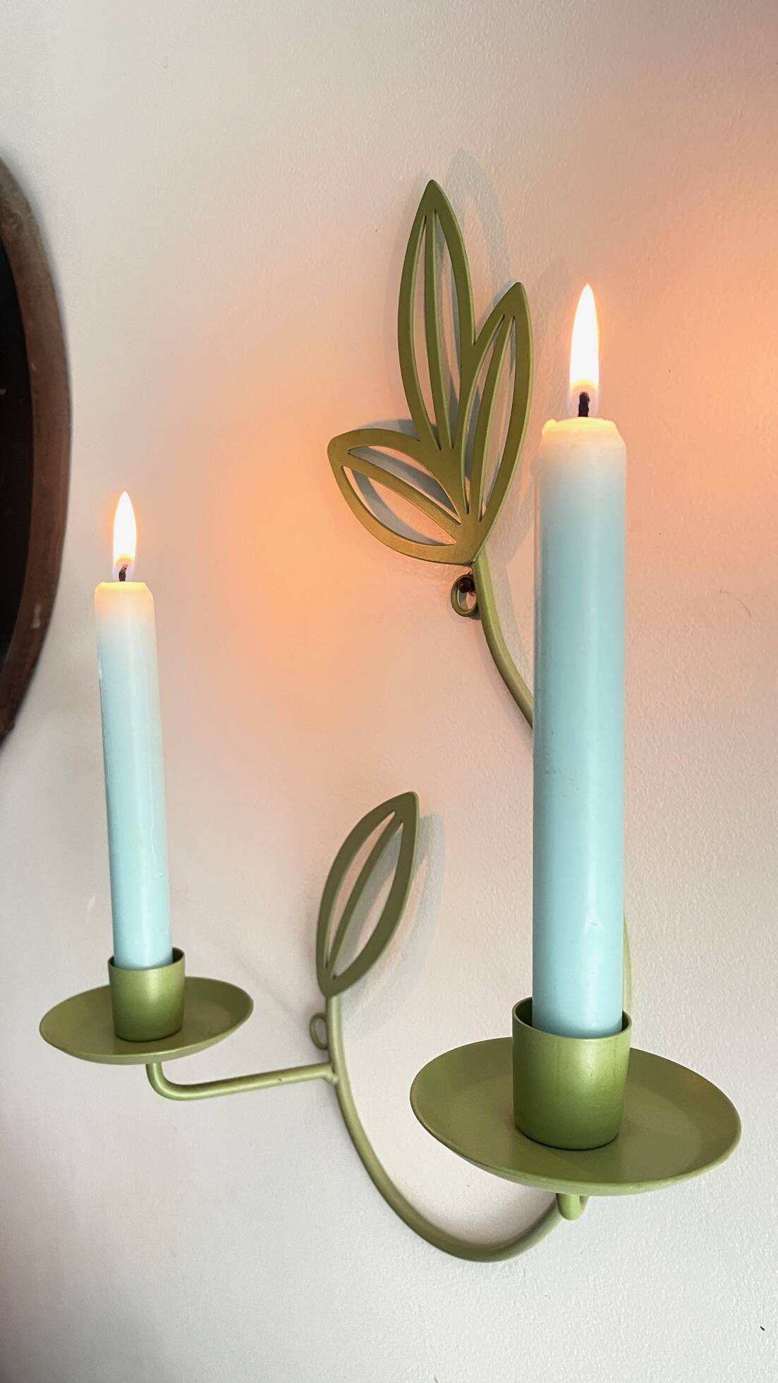Wall Candle Holder, Green Metal Leaves