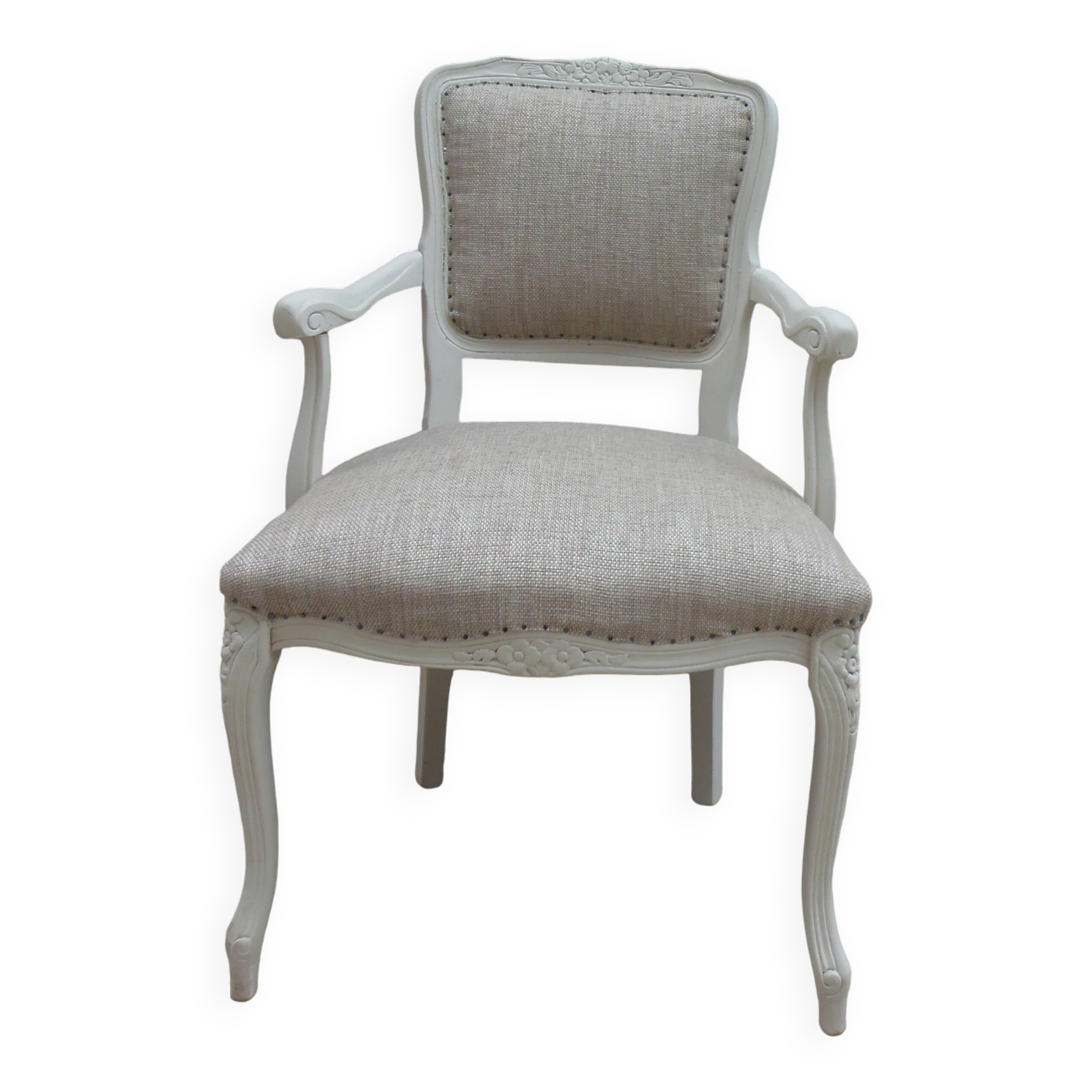 Louis XV style armchair in patinated beige, upholstered in beige fabric.