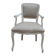 Louis XV style armchair in patinated beige, upholstered in beige fabric.
