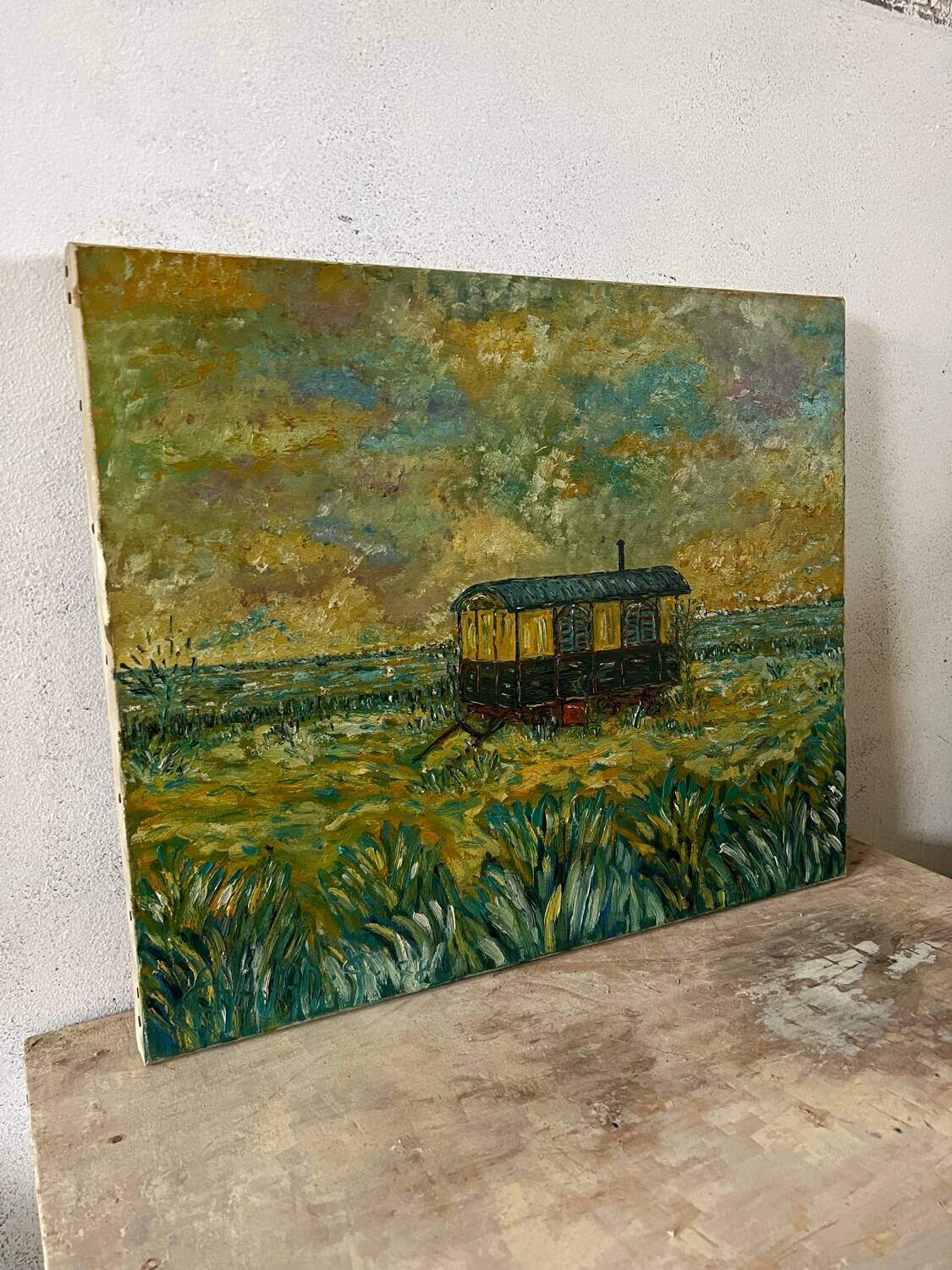 Canvas signed 20th century caravan with dedication on the back