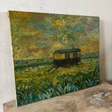 Canvas signed 20th century caravan with dedication on the back