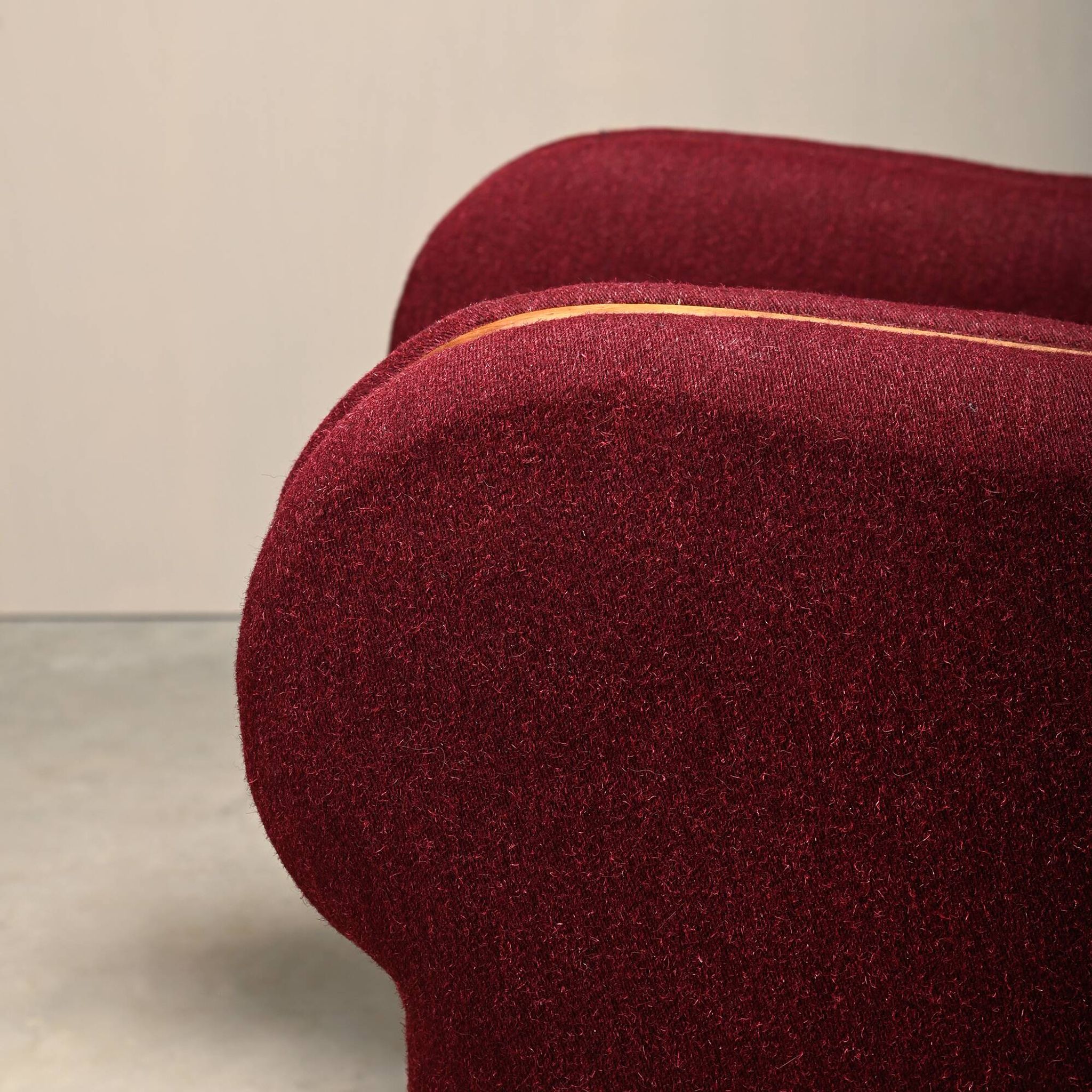 Pair Danish cabinetmaker Art Deco Armchairs in burgundy wool fabric