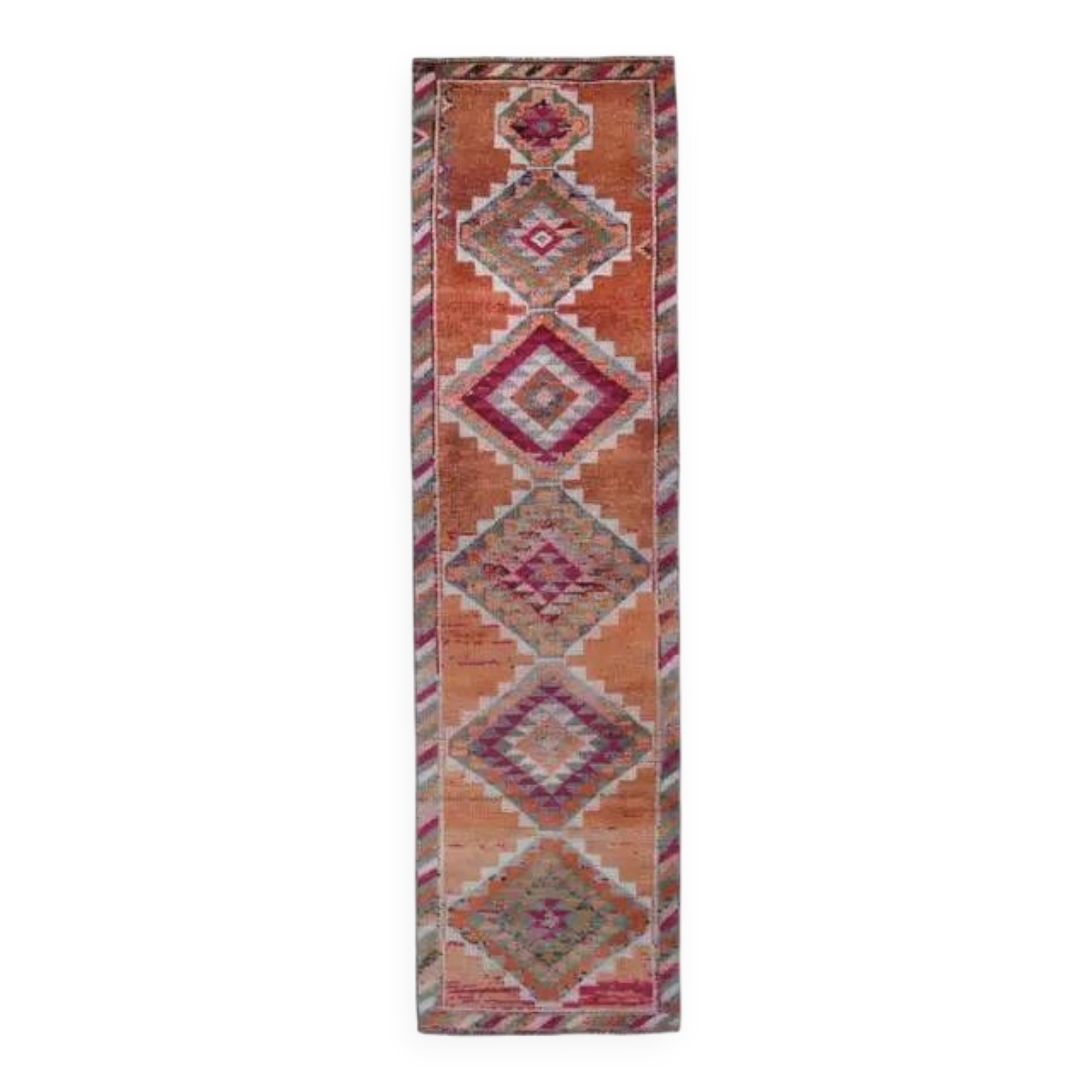 1970s Turkish Handmade Orange Diamond Wool Runner Rug 87x325