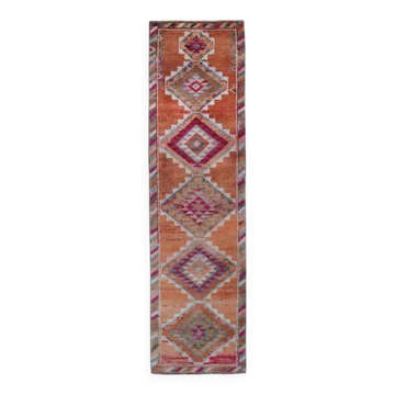 1970s Turkish Handmade Orange Diamond Wool Runner Rug 87x325