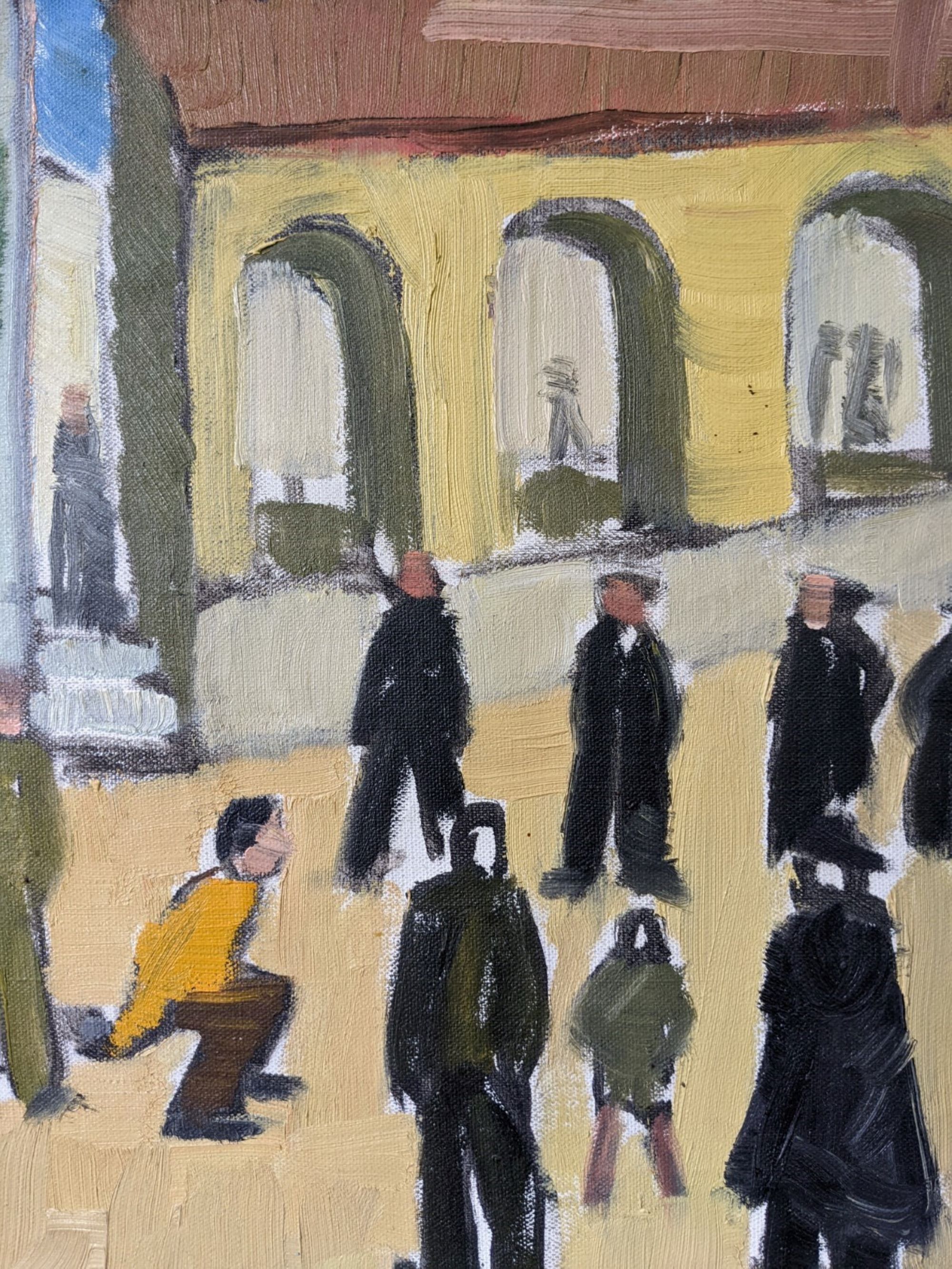 Mid-Century Modern Swedish Oil Painting "A Game of Petanque" Vintage Figurative Street Scene, Framed