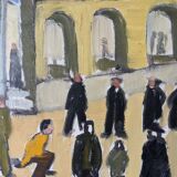 Mid-Century Modern Swedish Oil Painting "A Game of Petanque" Vintage Figurative Street Scene, Framed