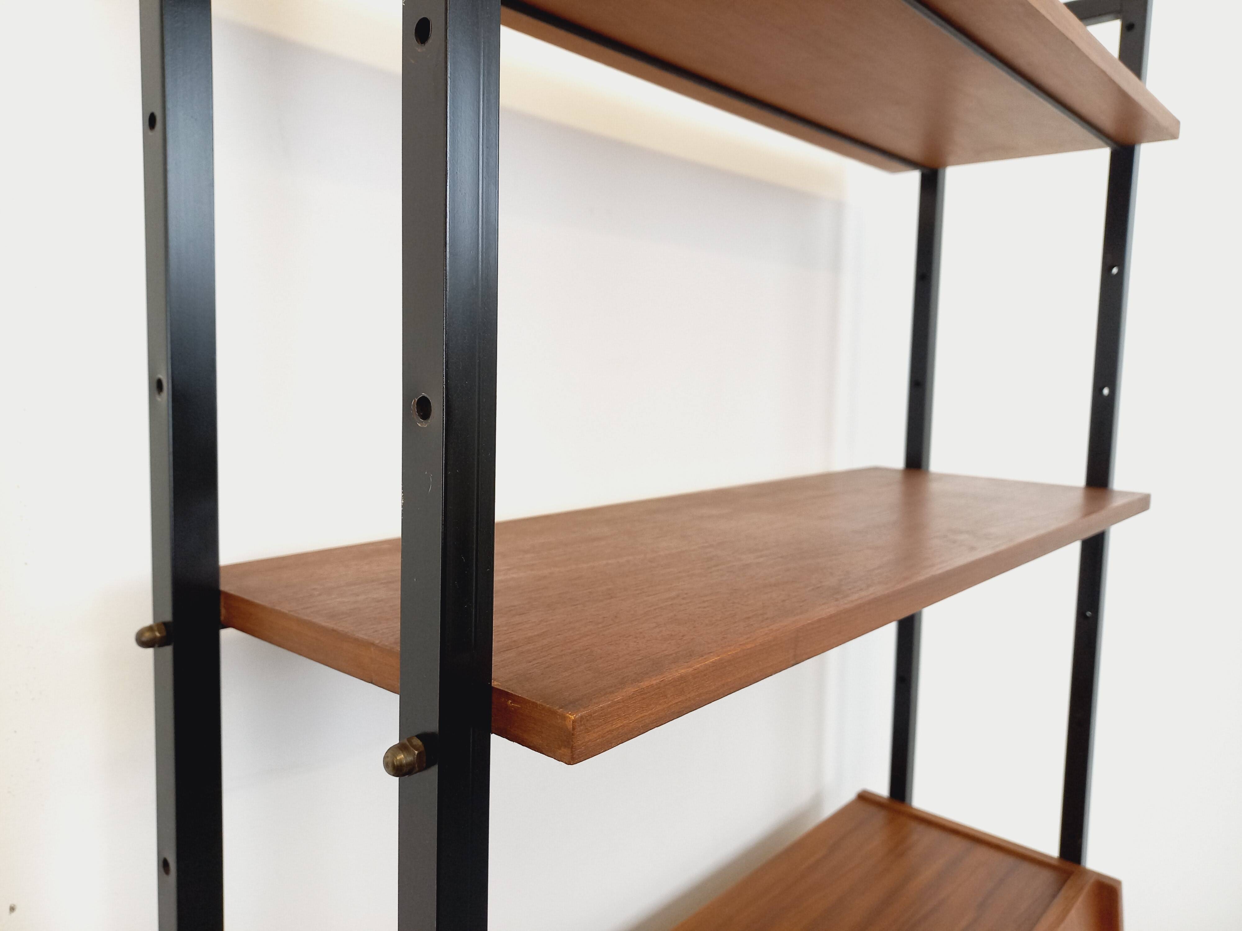 Vintage modular secretary bookshelf in teak and metal.