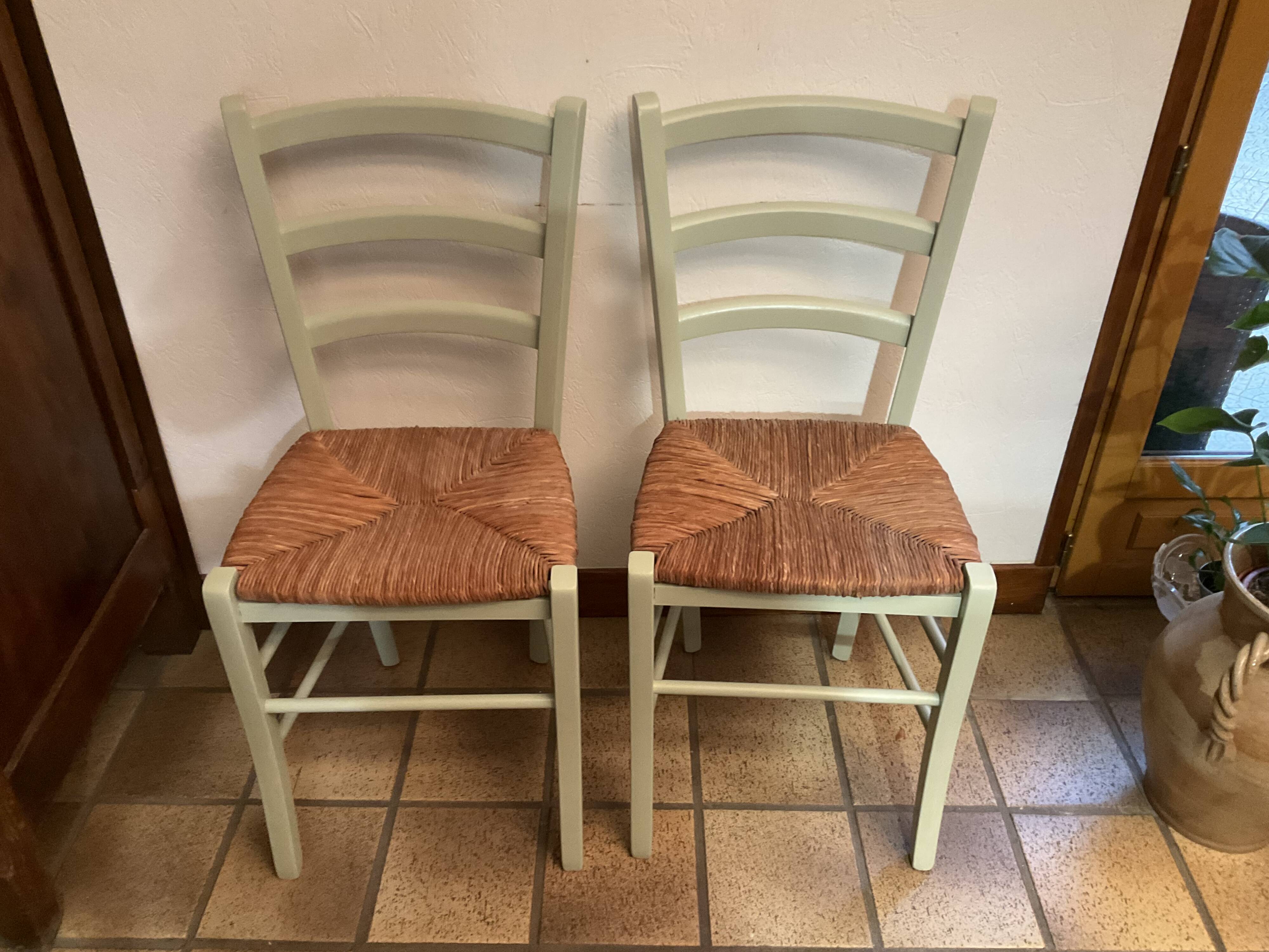 Pair of green straw chairs