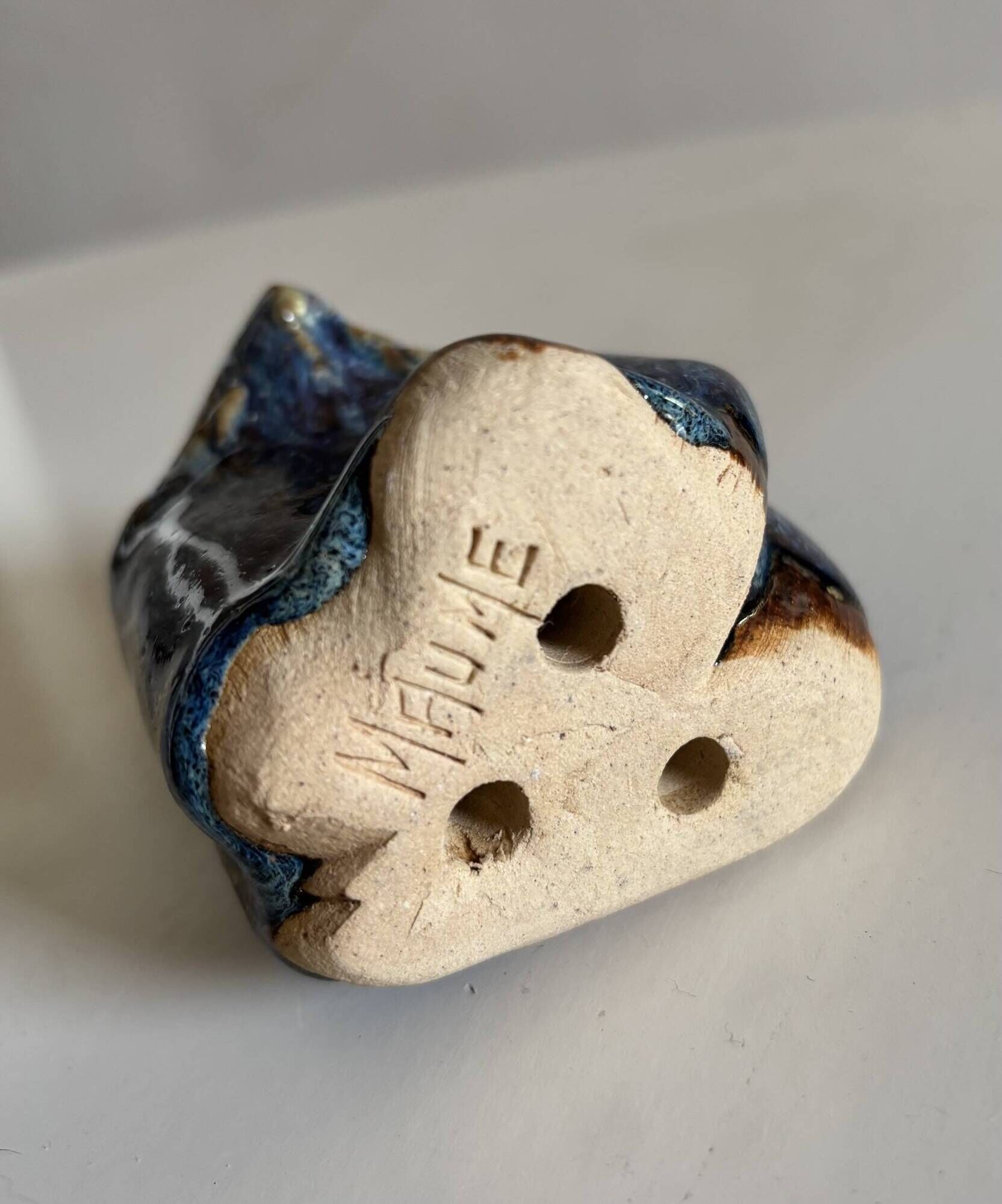 Miniature owl figurine in raku ceramic by Annie Maume, Vintage 1970.
