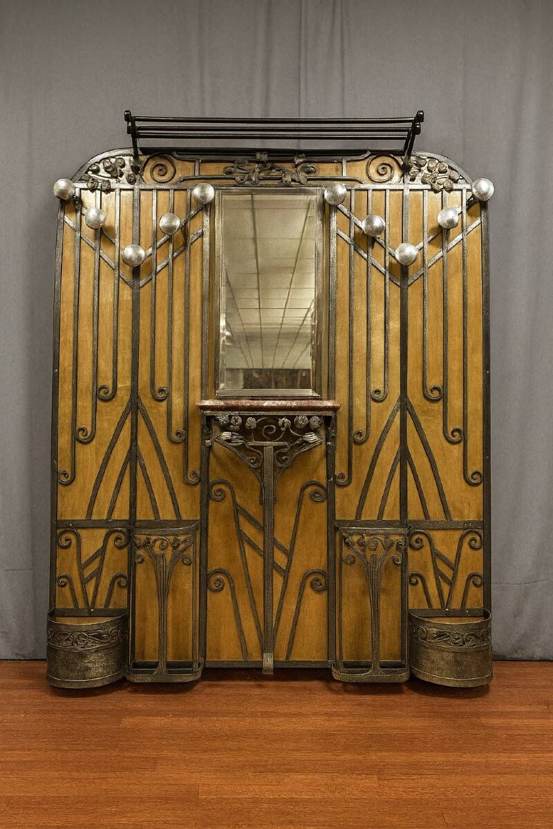 Maison Moutard: Monumental coat rack from the Art Nouveau period in wrought iron.