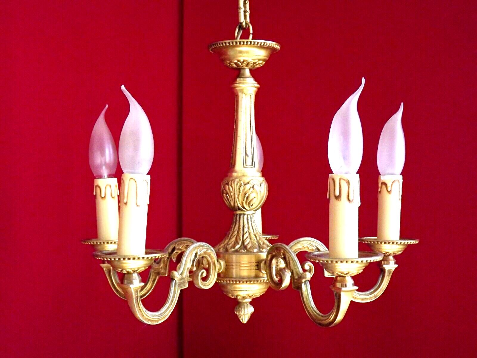 French 5 light quality bronze chandelier scroll acanthus leaf arms