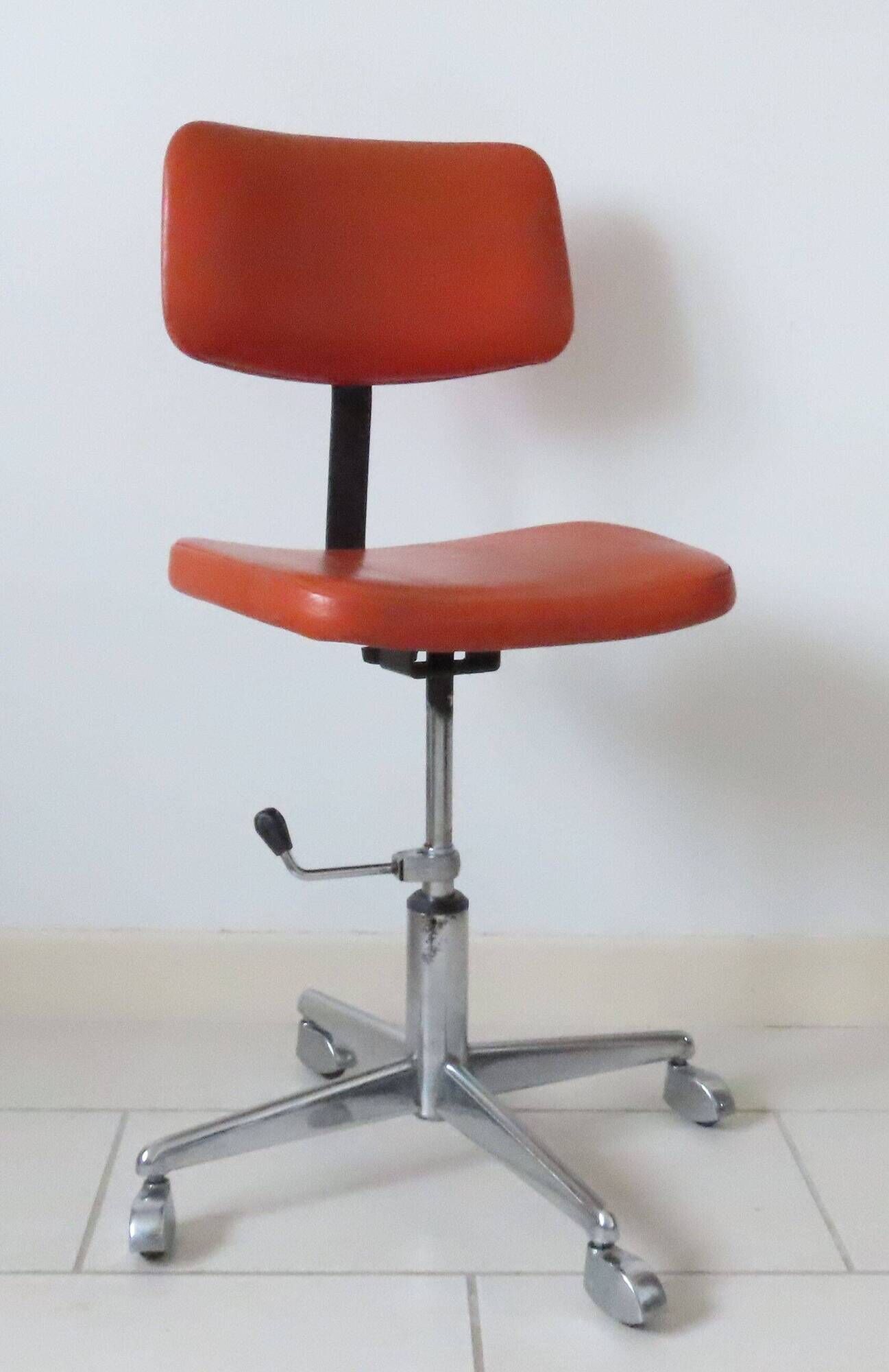 Eurosit vintage industrial workshop chair in chromed metal and orange imitation leather