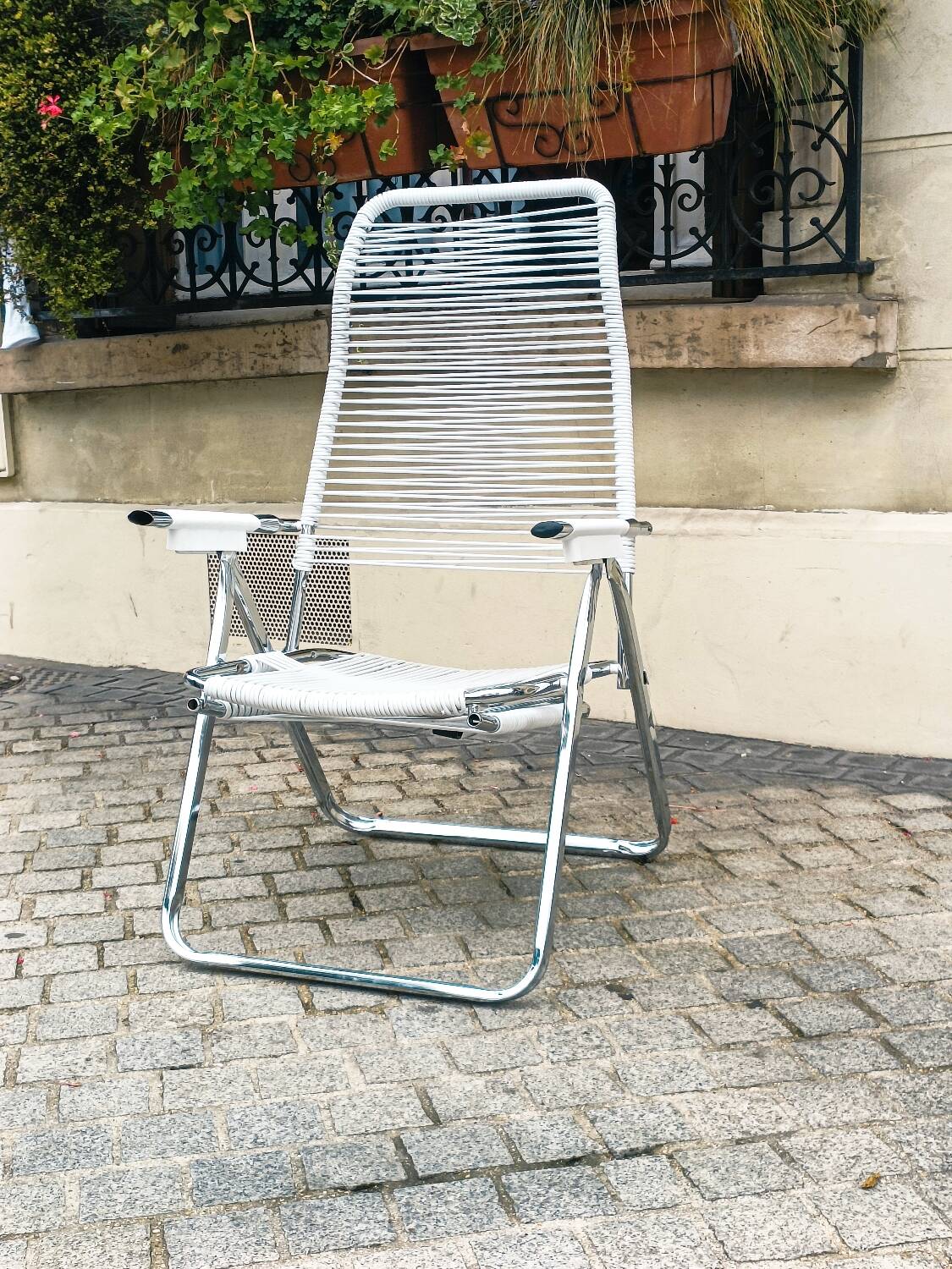 Armchair chaise longue adjustable deckchair with footrest spaghetti scoubidou