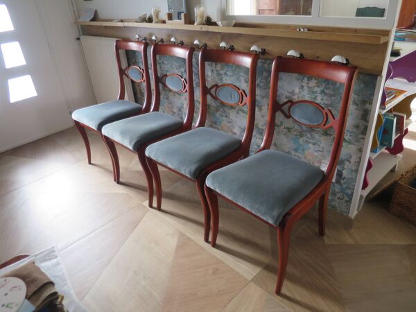 Rare- Lot de 4 chaises style Louis Philippe/restauration avec médaillon - Coloris bleu / merisier