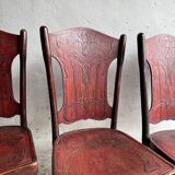 Set of 4 Art Nouveau bent beech wood chairs, deep red-brown embossed seats (Jacob & Josef Kohn, ca.1900)