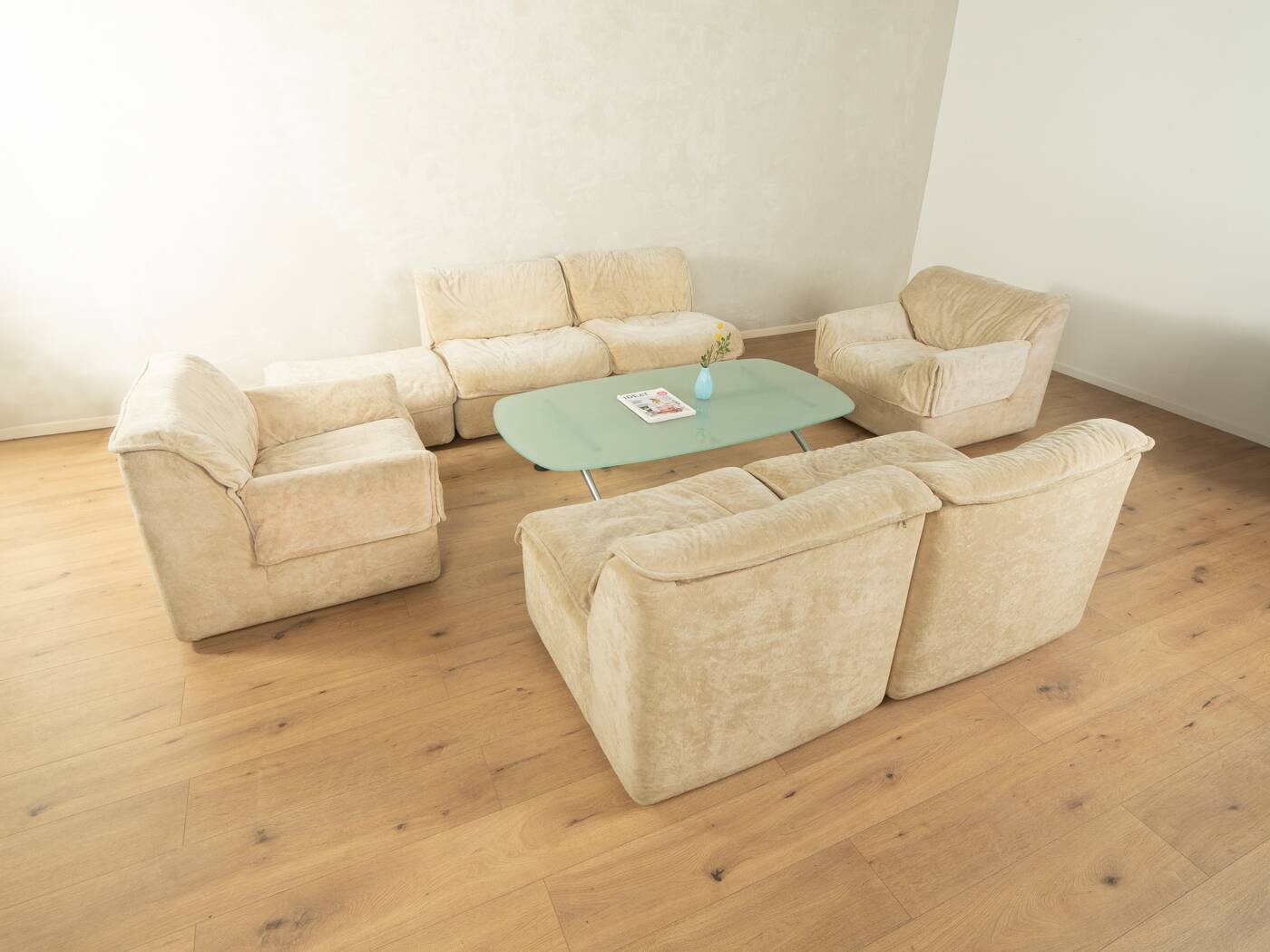 COR Space Age seating group, 1970s, set of 6 armchairs and footstool, cream white
